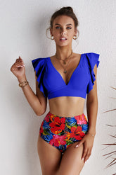 Ensemble bikini taille haute à volants fleuris